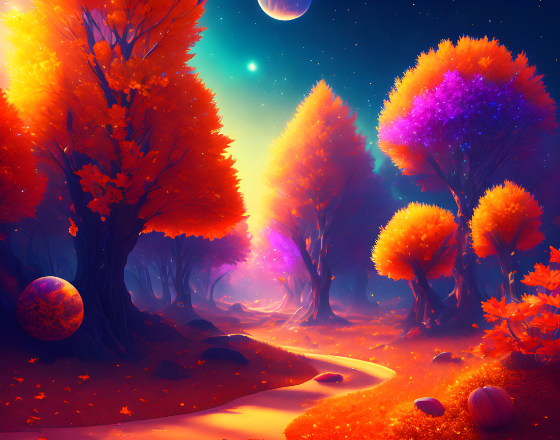 Colorful fantasy landscape with winding path, autumn trees, starry sky, planets.