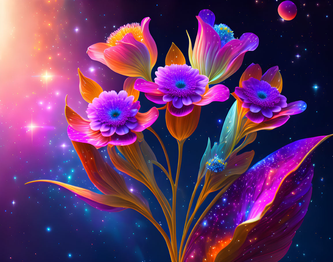 Colorful Cosmic Flowers with Glowing Edges on Starry Background