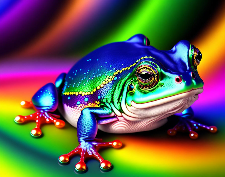 Colorful digital artwork: Multicolored frog on glossy texture against rainbow background