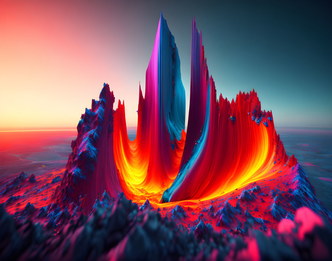 Colorful surreal landscape with crimson and blue peaks under gradient sunset sky