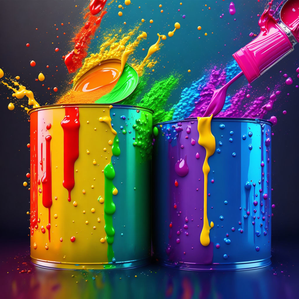 Colorful paint cans splashing vibrant colors on dark background