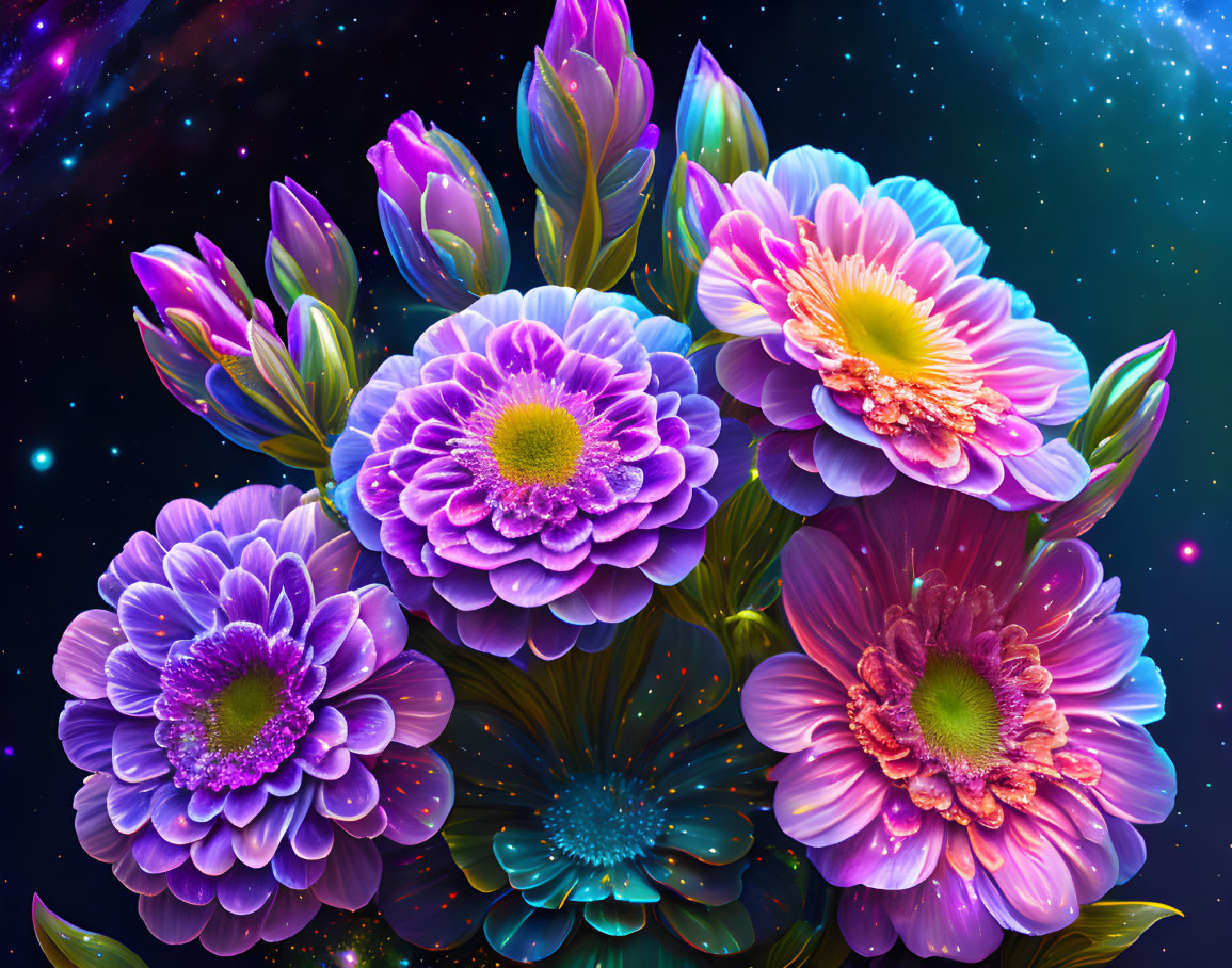 Colorful neon flowers against cosmic backdrop of stars and nebulae