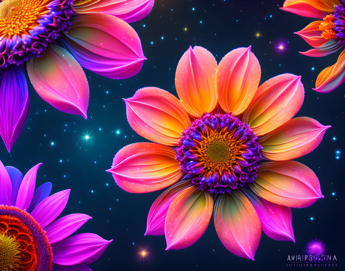 Colorful Flowers on Dark Blue Cosmic Background