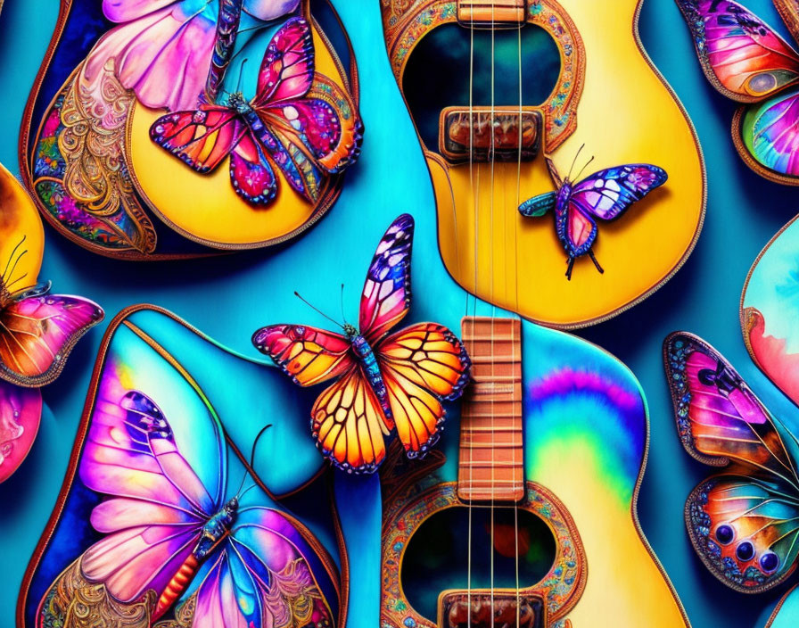 Colorful Butterflies Resting on Guitars in Psychedelic Artwork