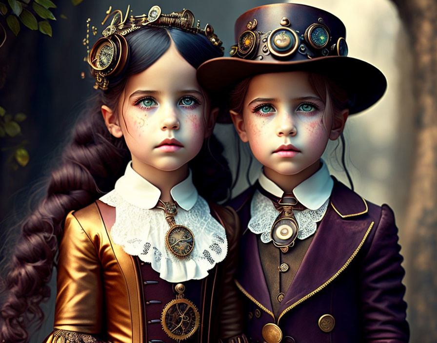 Children in Steampunk Attire with Brass Goggles and Vintage Clothing Pose Outdoors
