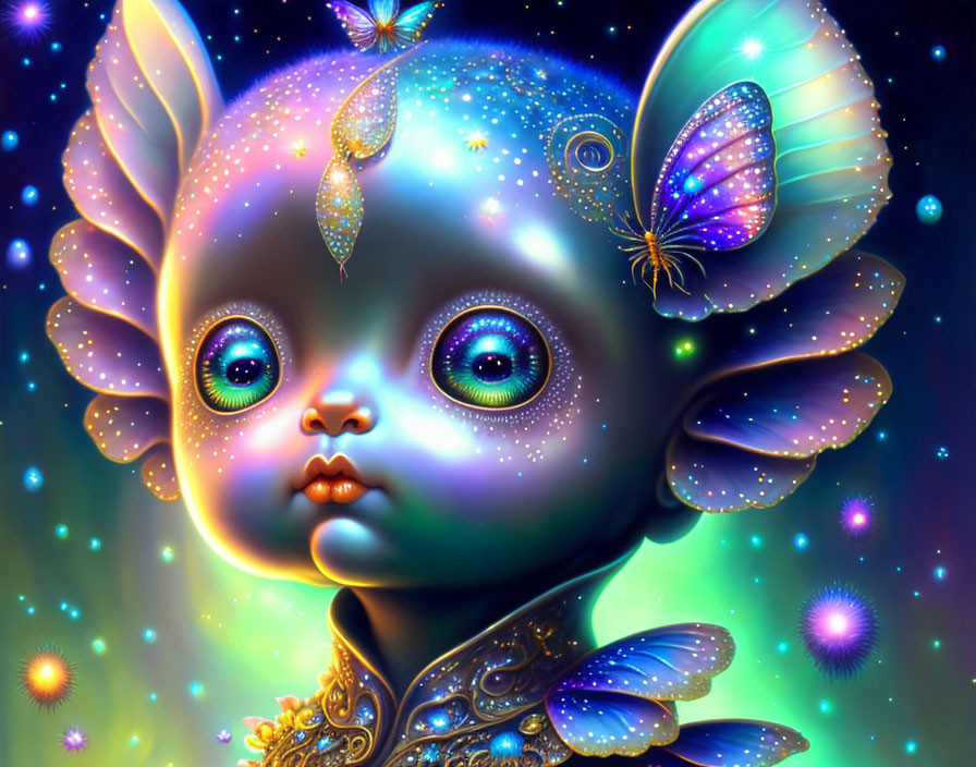 Fantastical creature with luminous eyes and butterfly wings in starry setting