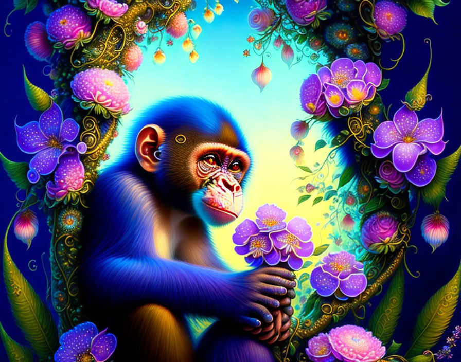 Colorful Monkey Surrounded by Flowers on Cyan Background