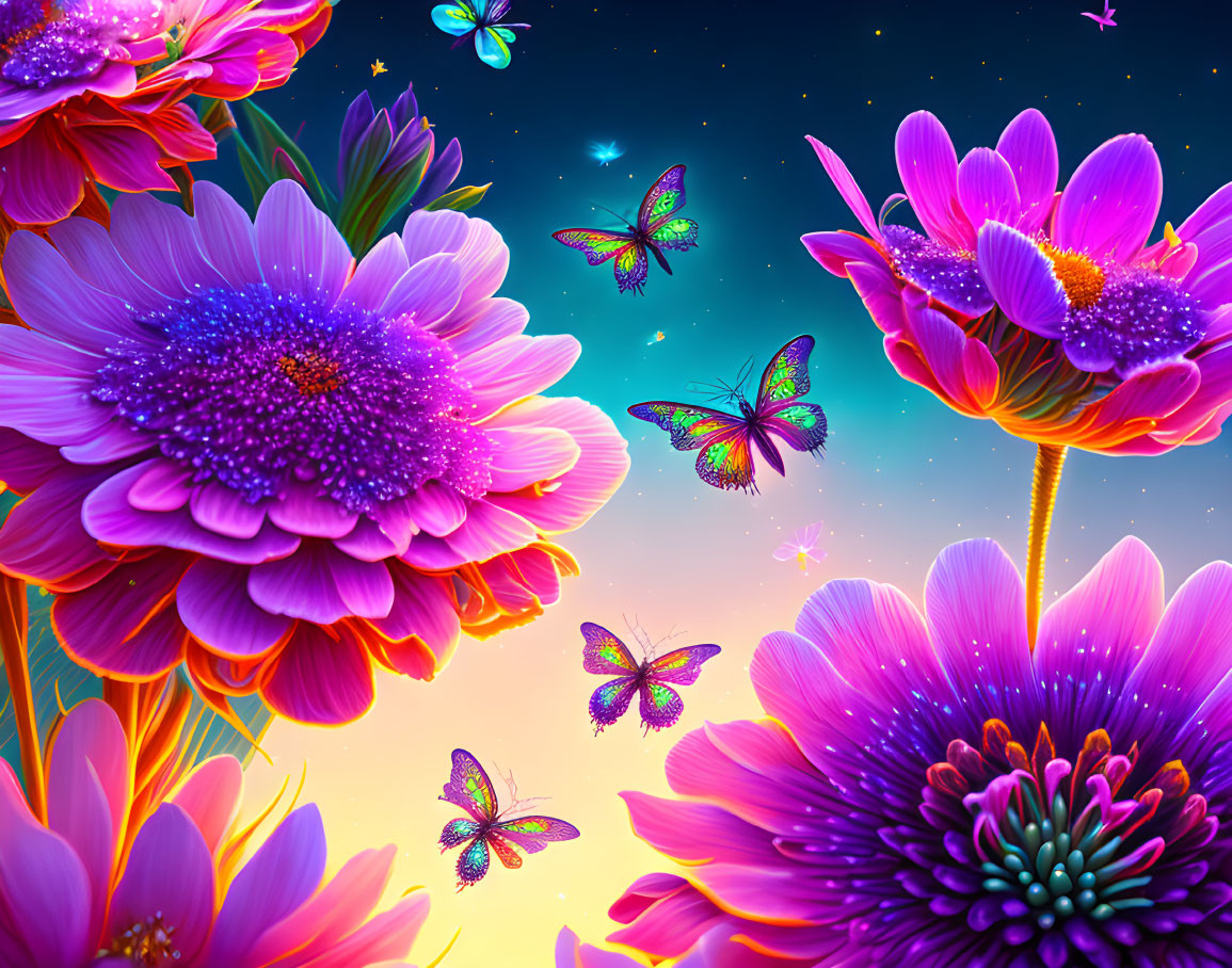Colorful digital artwork: Purple and pink flowers, glowing butterflies, starry twilight sky