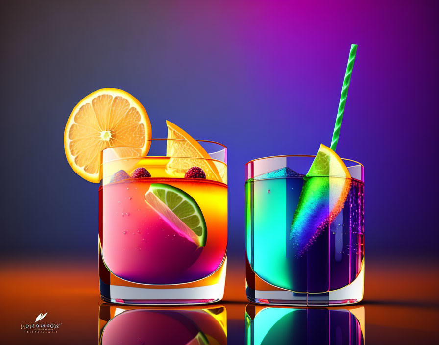 Colorful Gradient Cocktails with Fruit Garnishes and Striped Straws on Reflective Surface