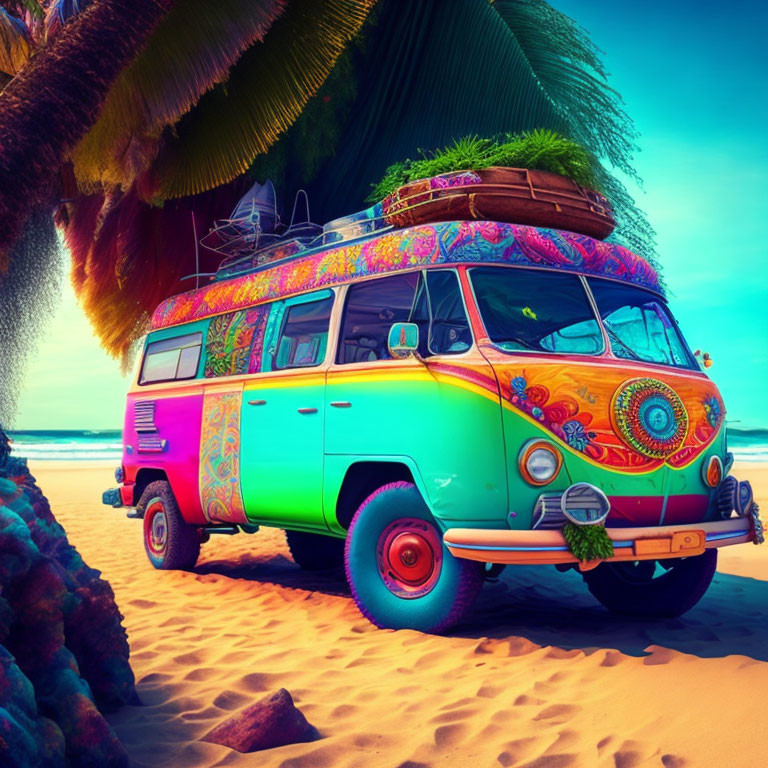 Vintage Van with Surfboard on Beach Amid Palm Trees