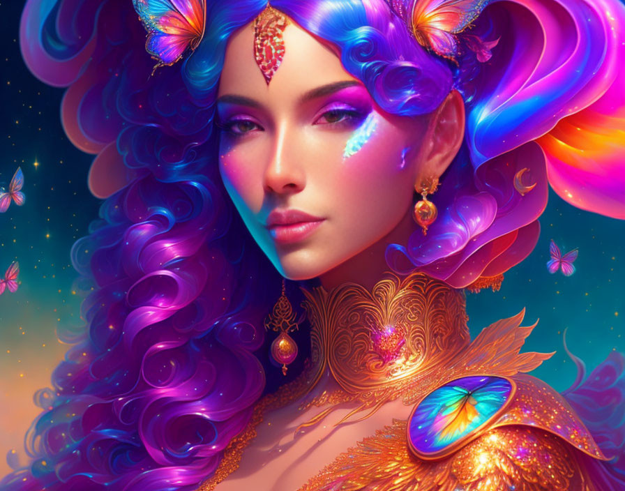 Colorful portrait of woman with butterfly wing ears, golden jewelry, purple hair, and surrounded by butterflies