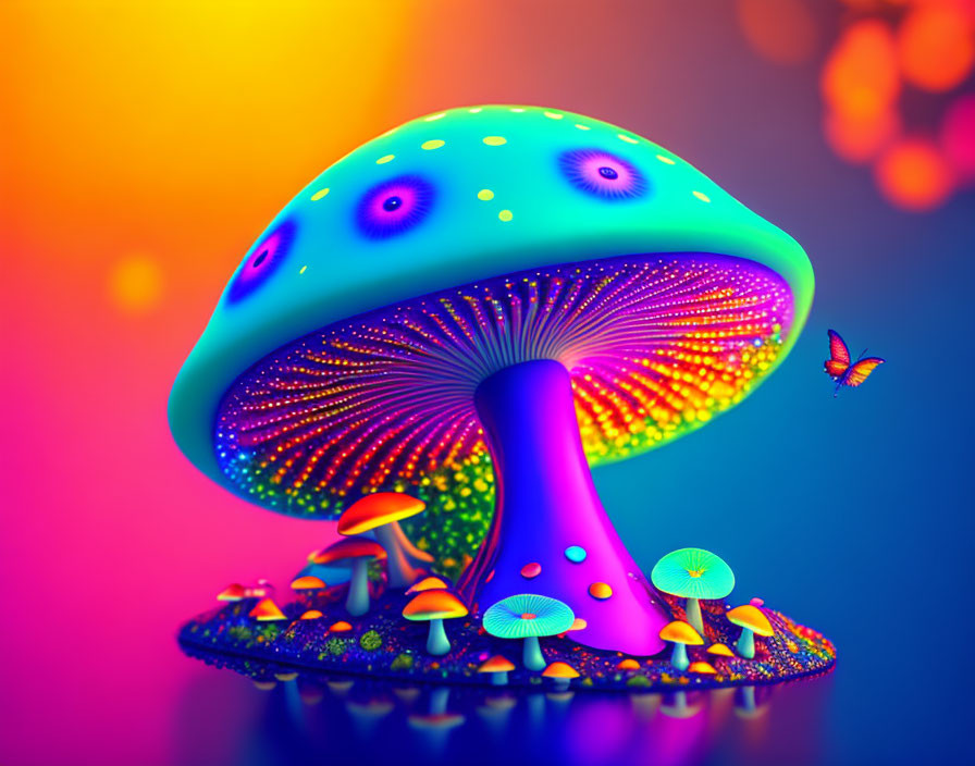 Colorful Psychedelic Mushroom Artwork with Neon Hues and Butterfly