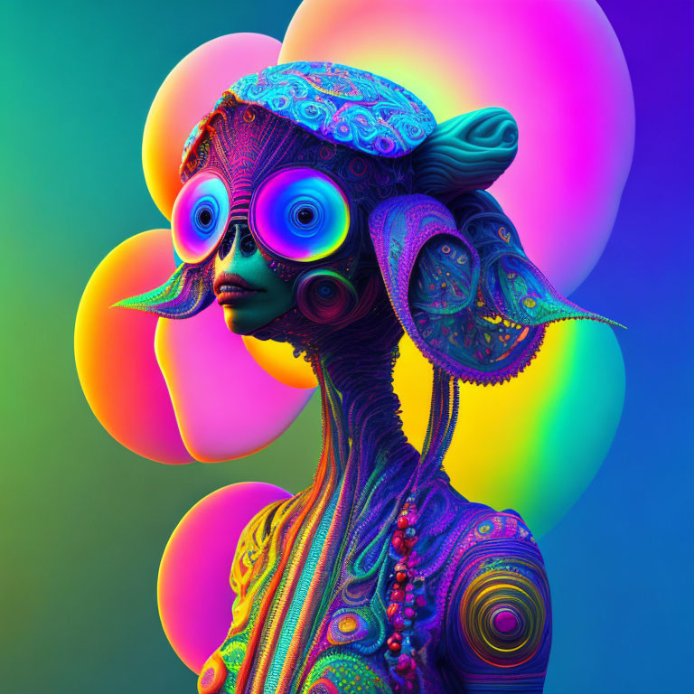 Vibrant surreal alien figure with swirling eyes and intricate patterns on skin