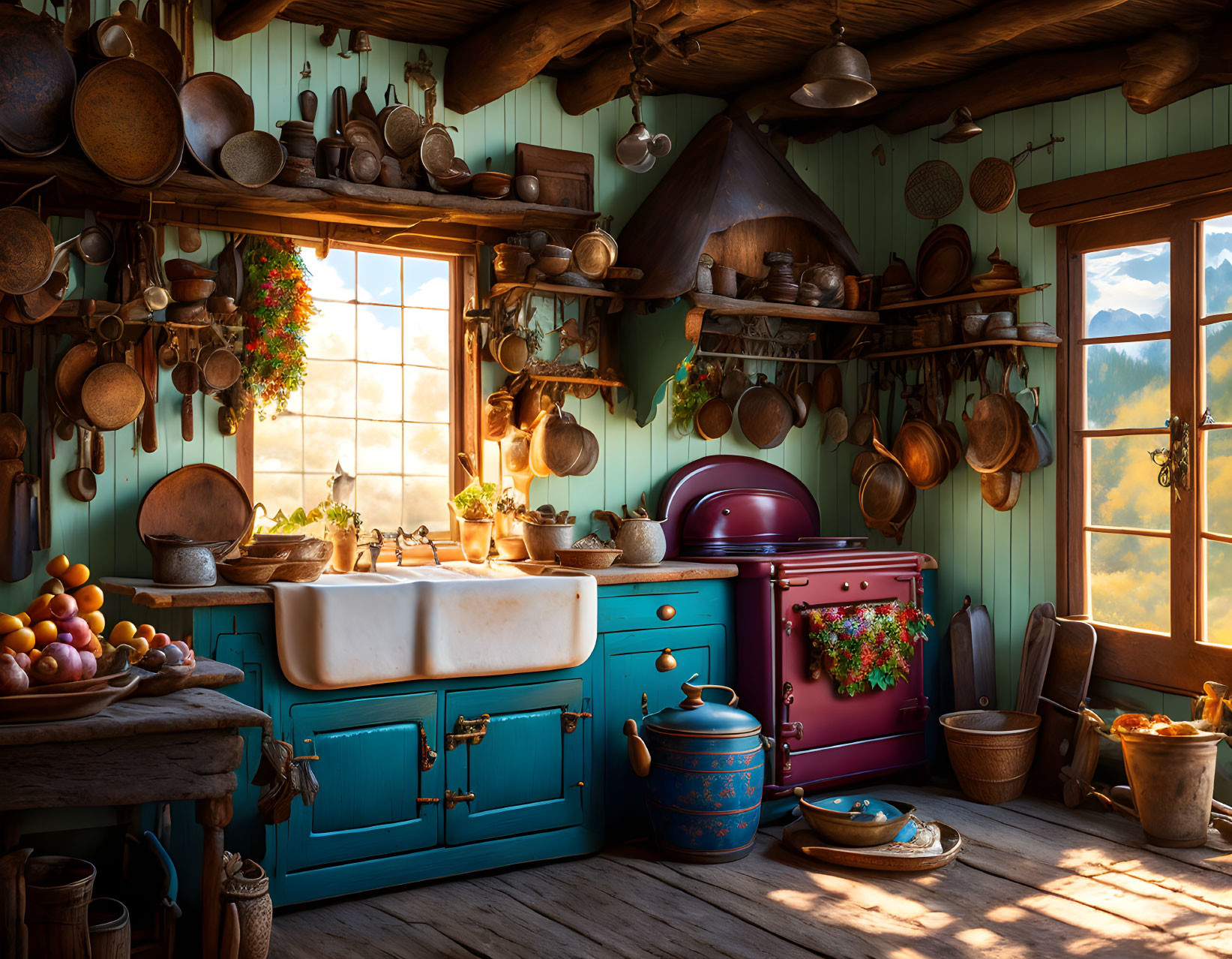 Vintage Rustic Kitchen with Hanging Pots and Wooden Utensils