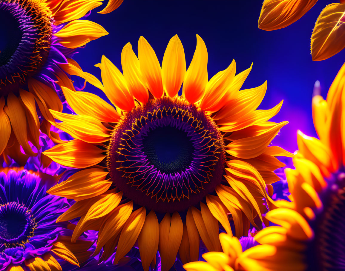 Detailed sunflower centerpiece in vibrant blue-purple light