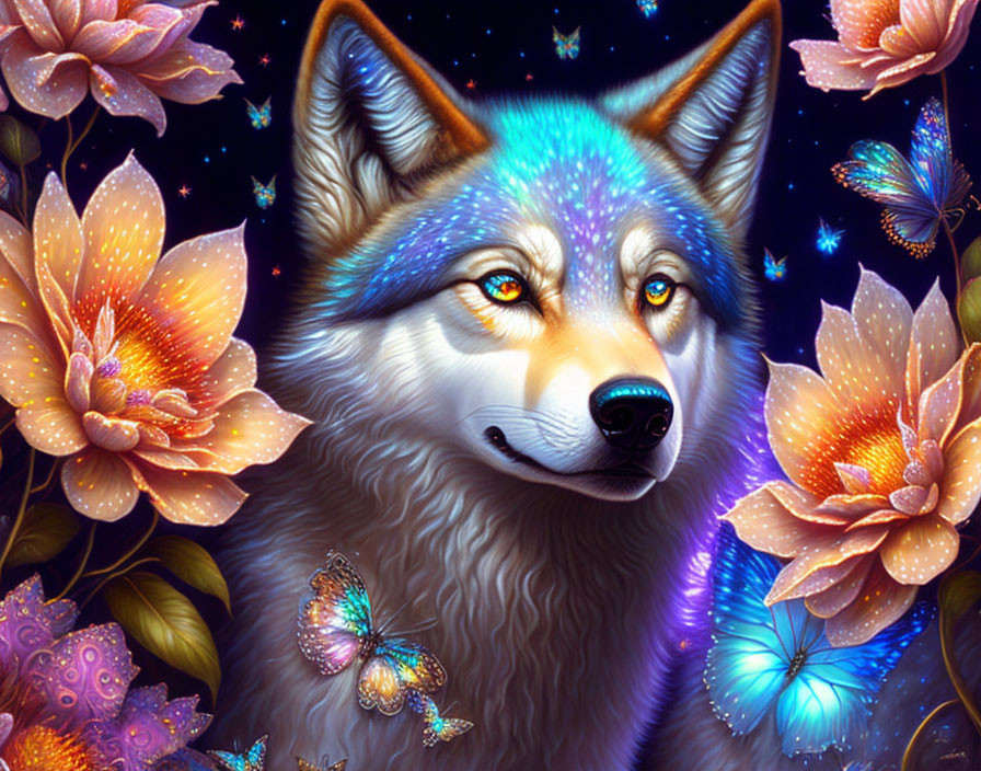 Mystical wolf with glowing flowers and butterfly under starry night