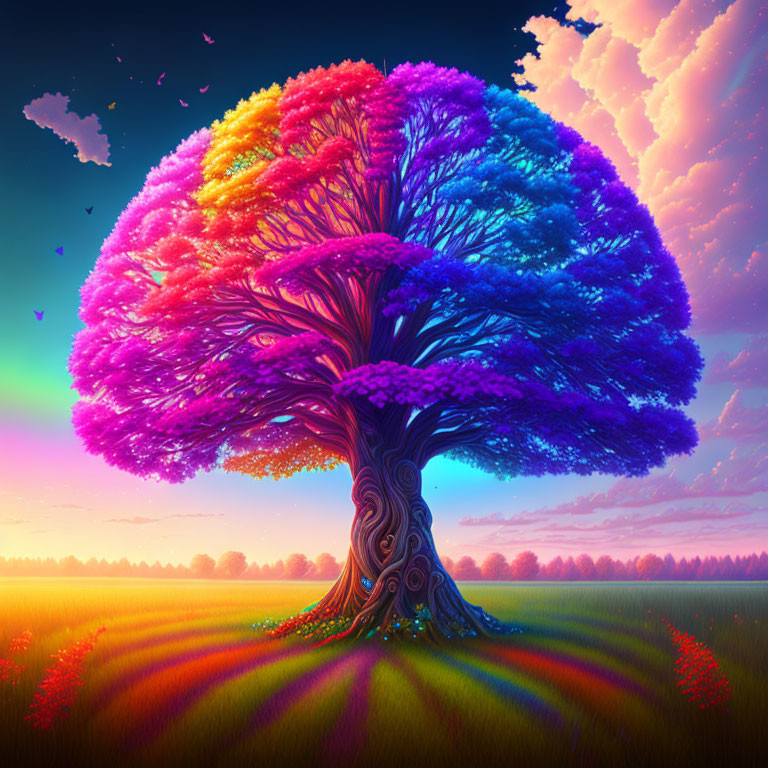 Colorful Tree Digital Artwork with Rainbow Canopy and Sunset Sky