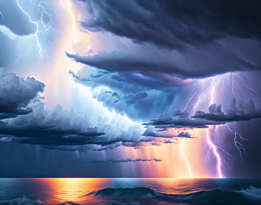 Stormy Sunset Scene: Dark Clouds, Lightning, Turbulent Ocean