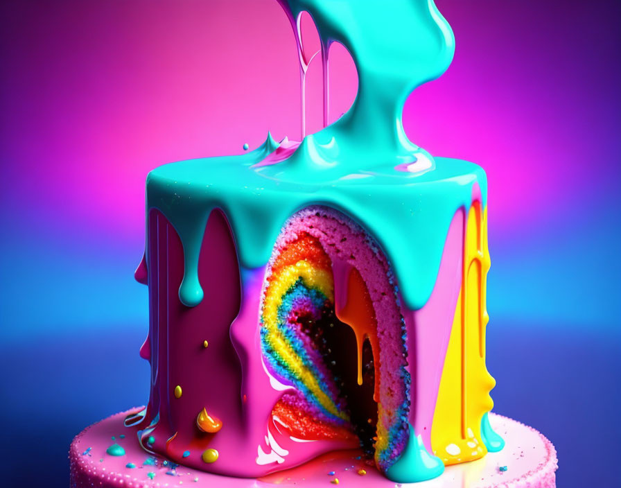 Colorful Square Cake with Rainbow Interior and Dripping Icing on Blue Background