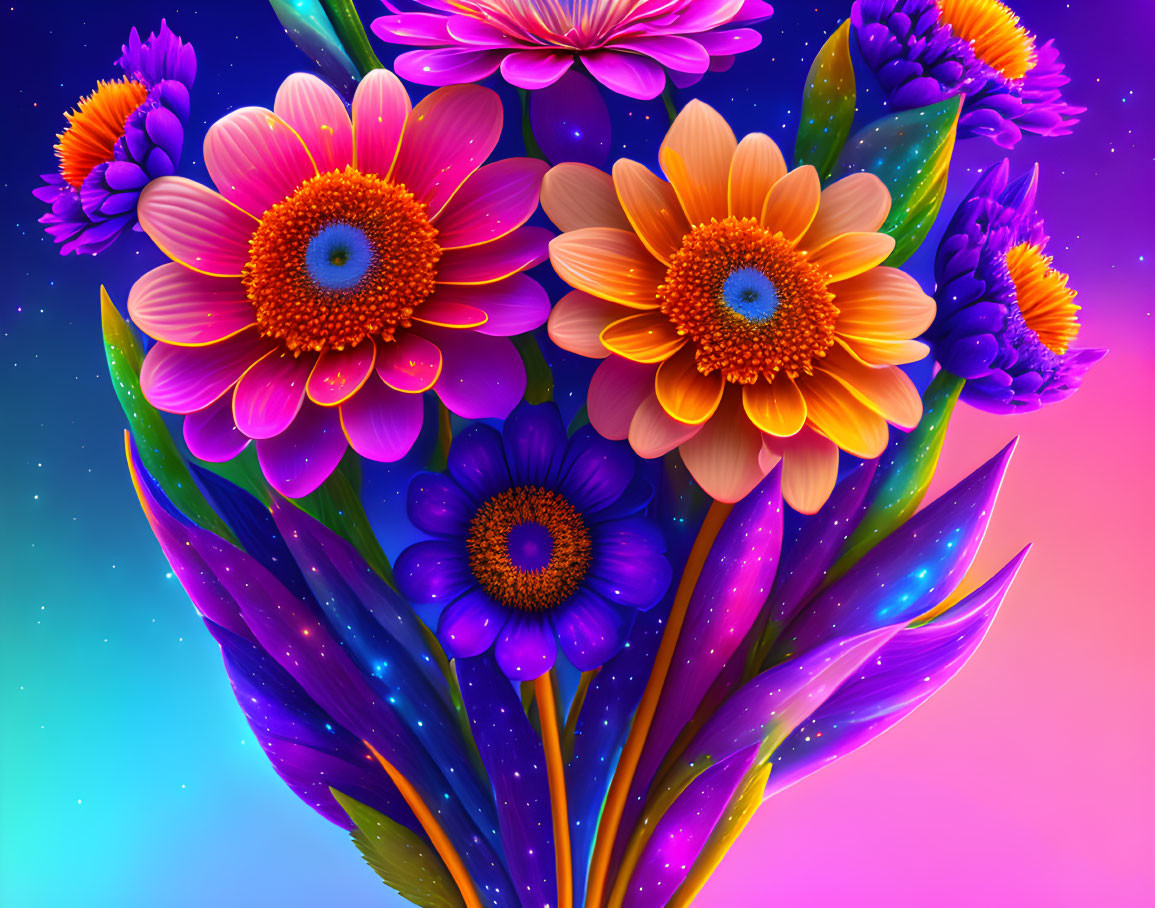 Colorful digital artwork: Bouquet with assorted flowers on neon gradient.