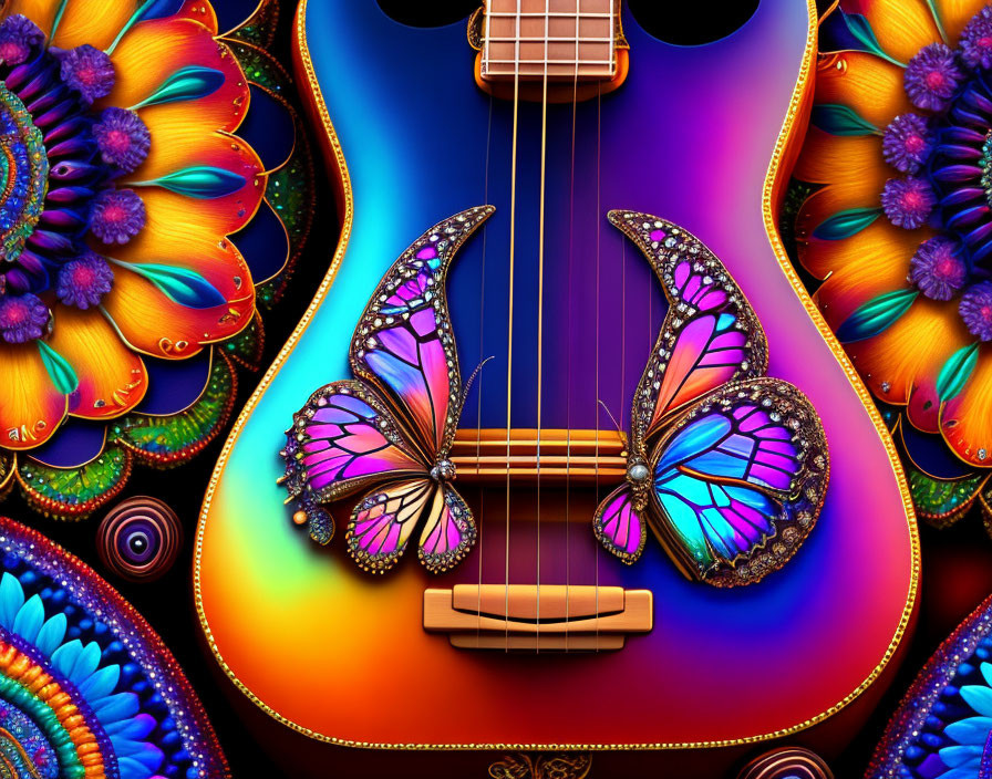 Colorful Guitar with Floral Patterns and Butterflies