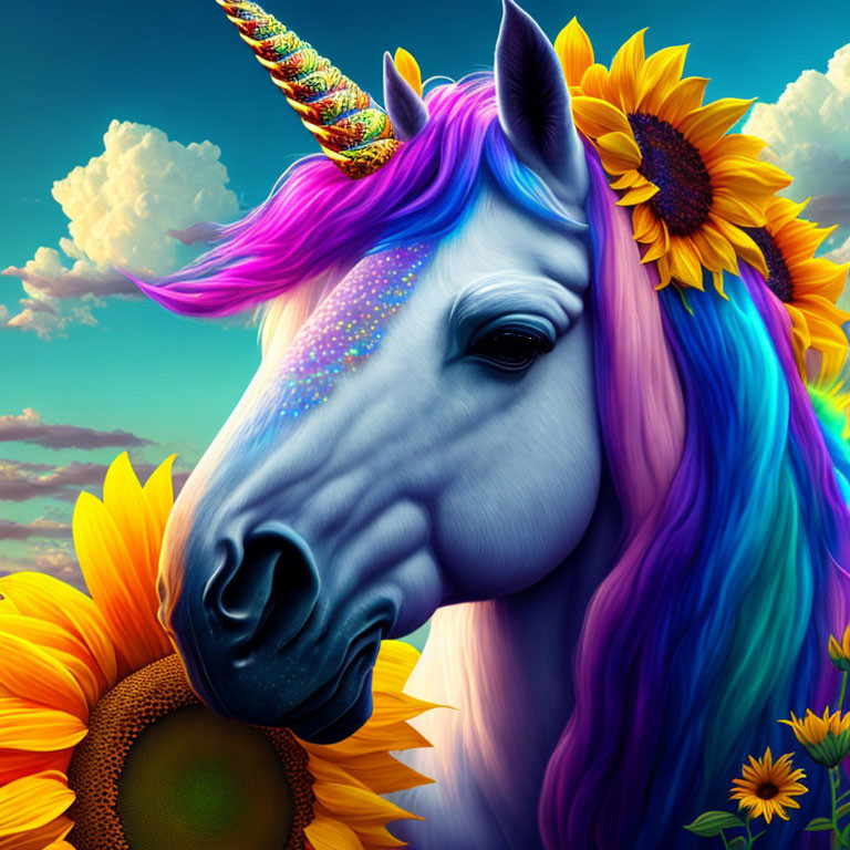 Colorful Unicorn with Rainbow Mane in Sunflower Field under Blue Sky