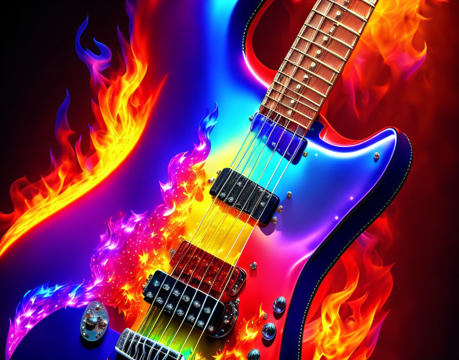 Vibrant electric guitar engulfed in blue and orange flames on dark background