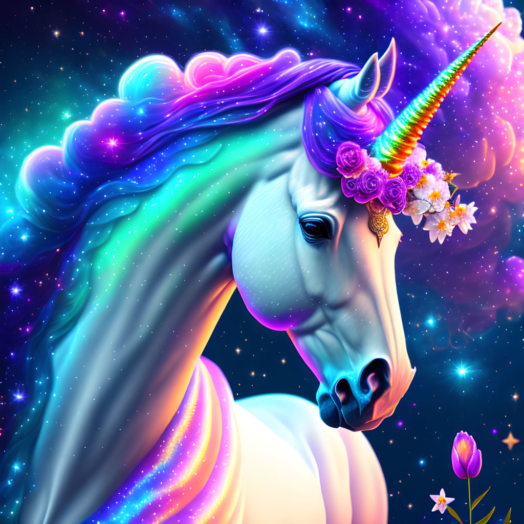Colorful Unicorn Illustration with Rainbow Mane and Cosmic Background