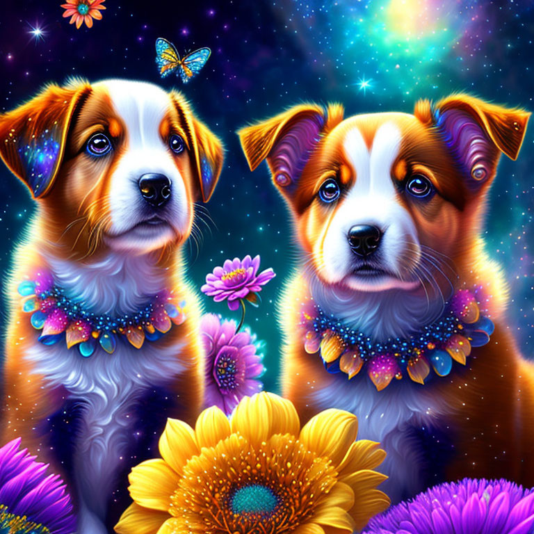 Vividly colored illustrated puppies with butterfly and flowers on starry background