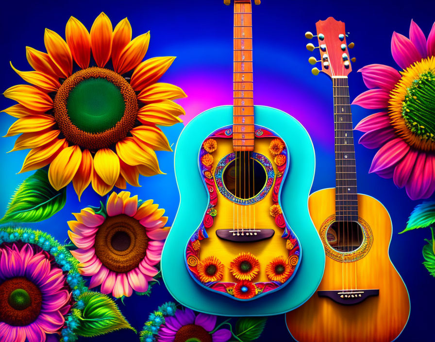 Two Vibrant Acoustic Guitars with Sunflowers on Blue Background