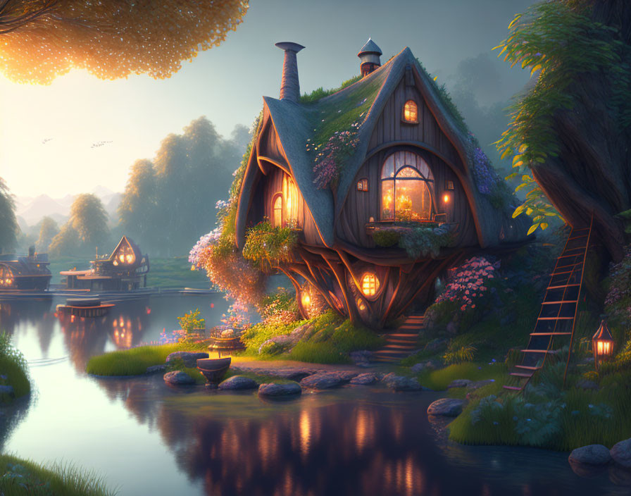 Riverside fairy-tale cottage in serene dusk setting