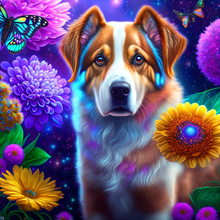 Colorful Illustration of Brown and White Dog with Flowers and Butterflies