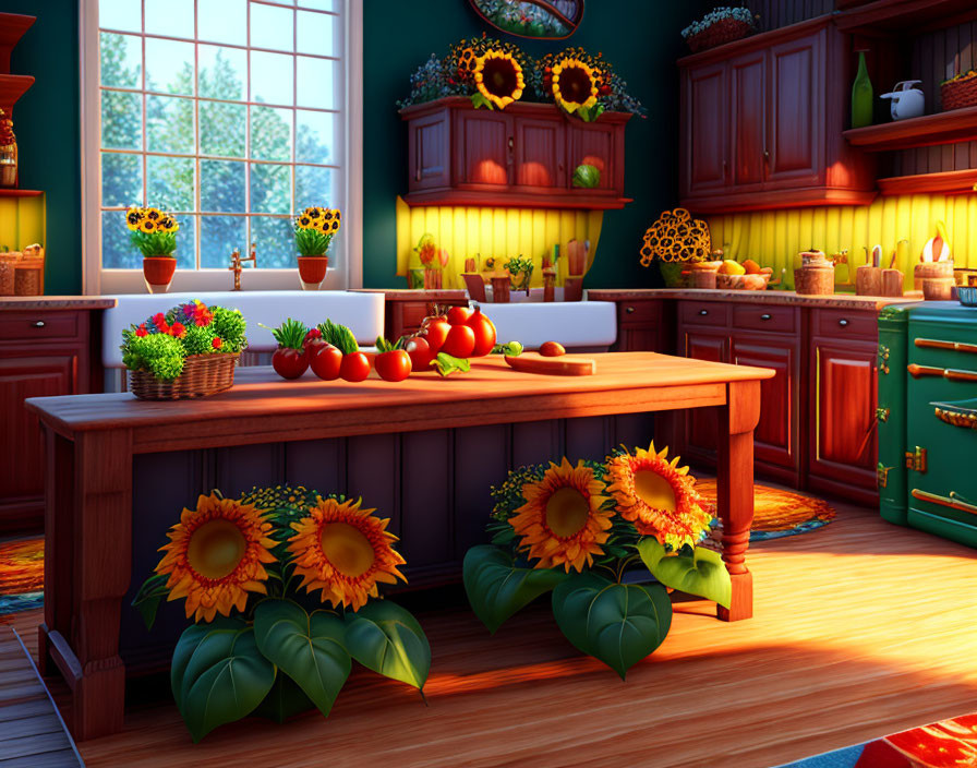 Vibrant kitchen interior with sunflowers, tomatoes, wooden island, redwood cabinets, and natural