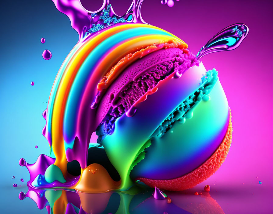 Colorful Melting Macaron with Rainbow Swirl on Paint Splash Background