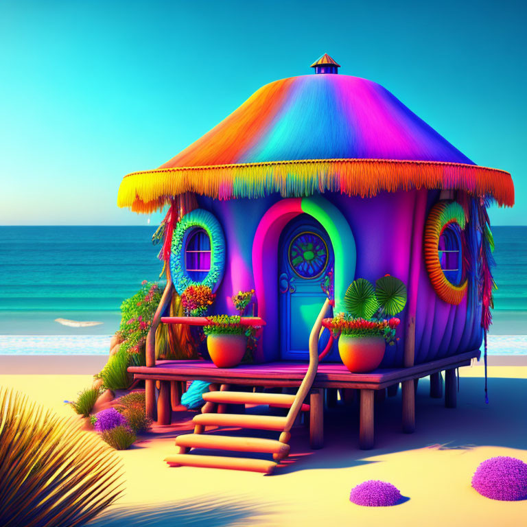 Colorful Beach Hut with Rainbow Thatched Roof by Tranquil Sea