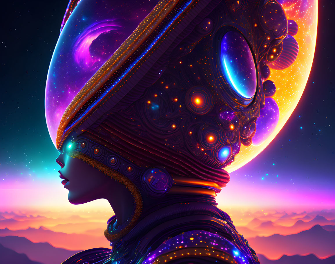 Person with cosmic-themed helmet in futuristic sunset landscape