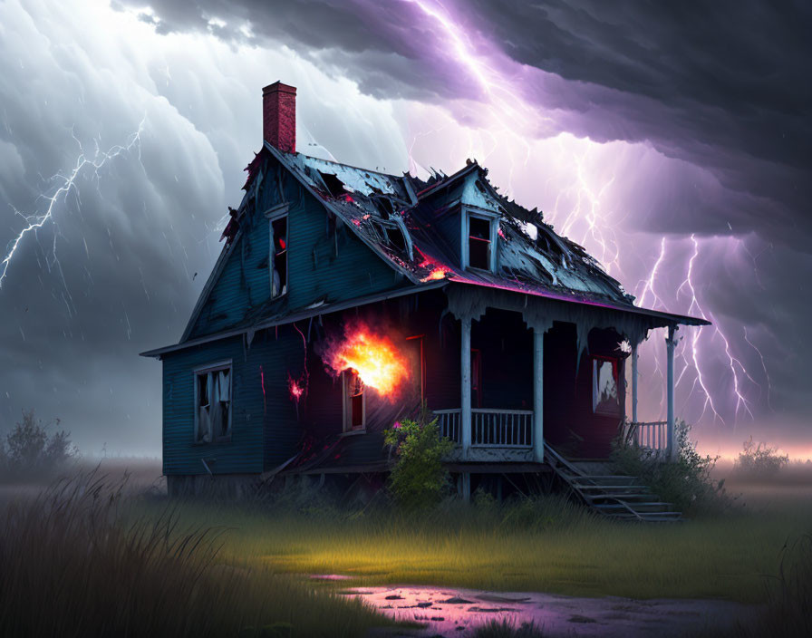 Weathered blue house under stormy sky with glowing window and lightning forks.