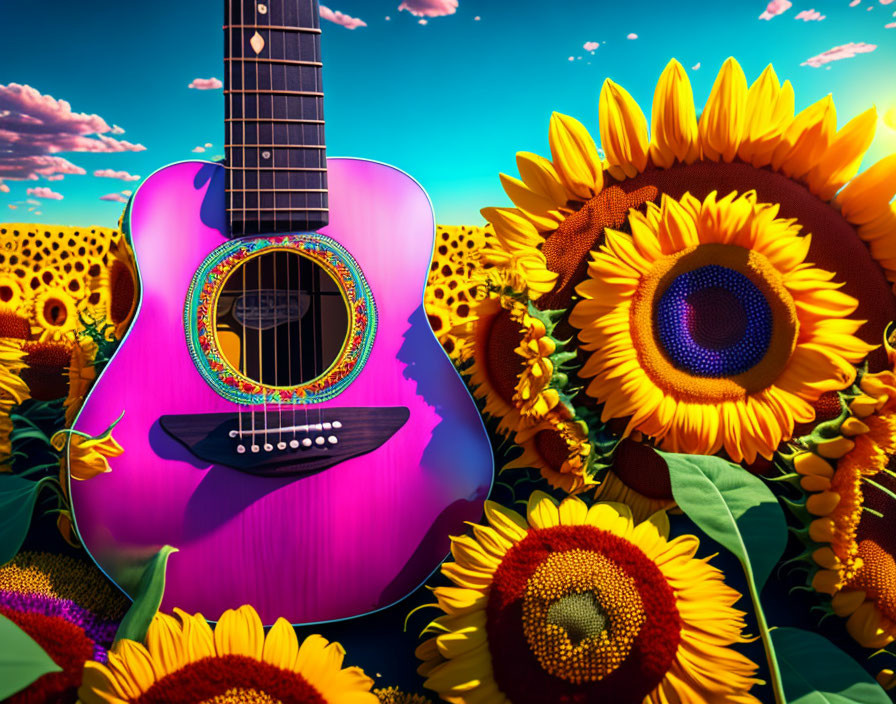Pink Guitar Among Sunflowers and Blue Sky