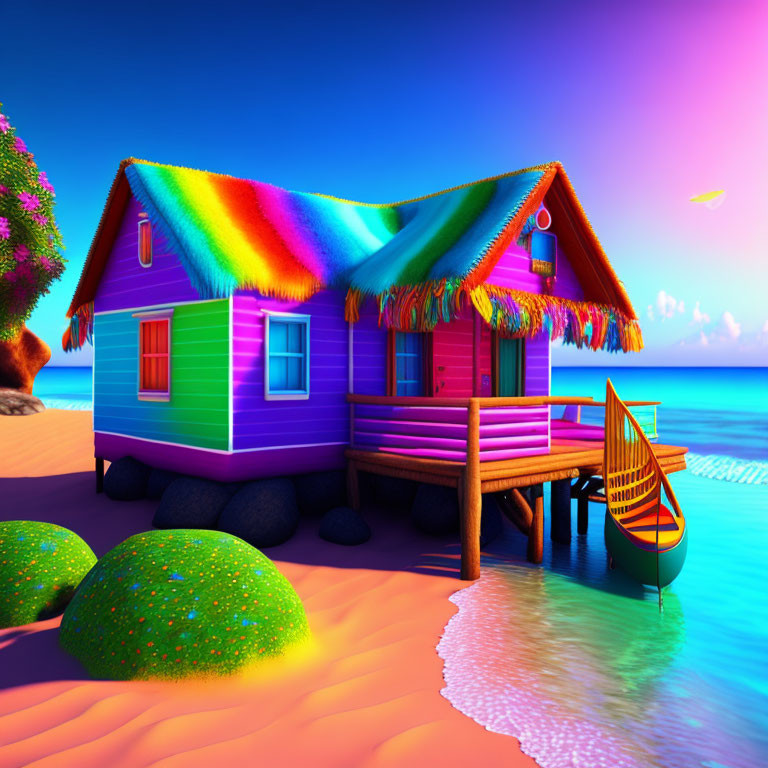 Colorful beach house on stilts with rainbow roof beside kayak at vibrant sunset
