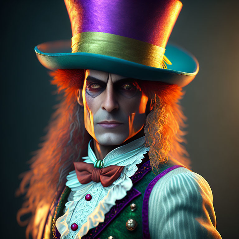 Person with Piercing Eyes in Colorful Top Hat and Vintage Outfit with Bow Tie