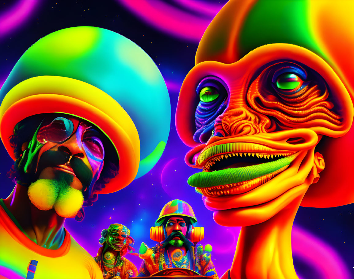 Colorful surreal artwork with stylized figures and psychedelic background