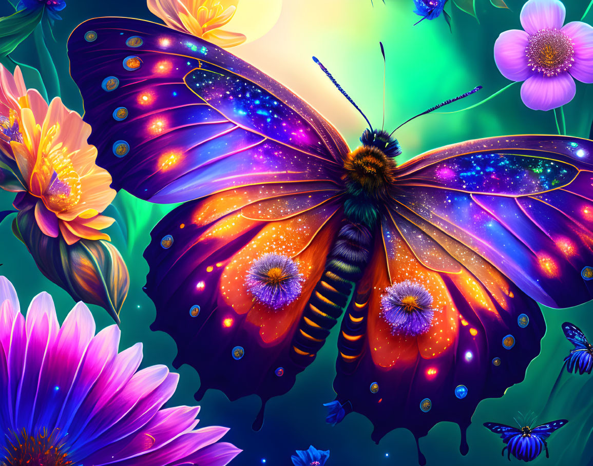 Colorful butterfly with cosmic wings in fantasy floral setting