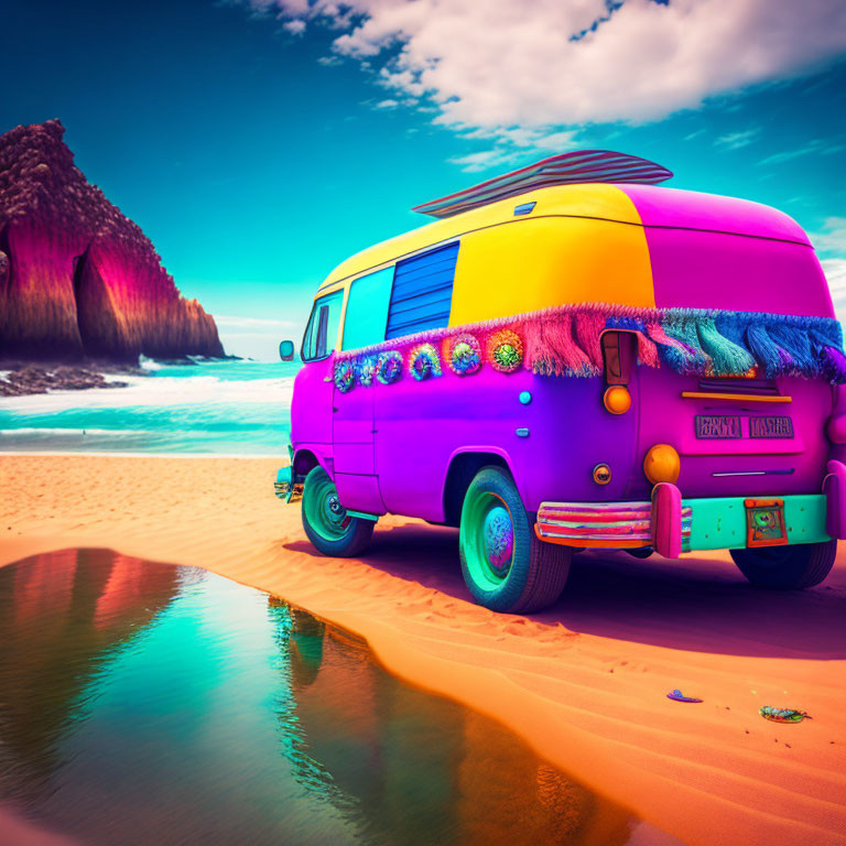 Colorful VW Camper Van on Beach with Rocky Cliffs
