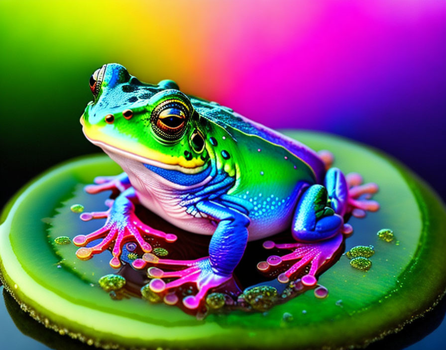 Colorful Frog Sitting on Green Leaf Against Rainbow Background