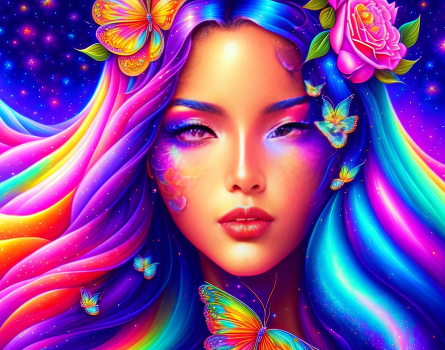 Colorful digital artwork of woman with multicolored hair, butterflies, rose, and cosmic backdrop