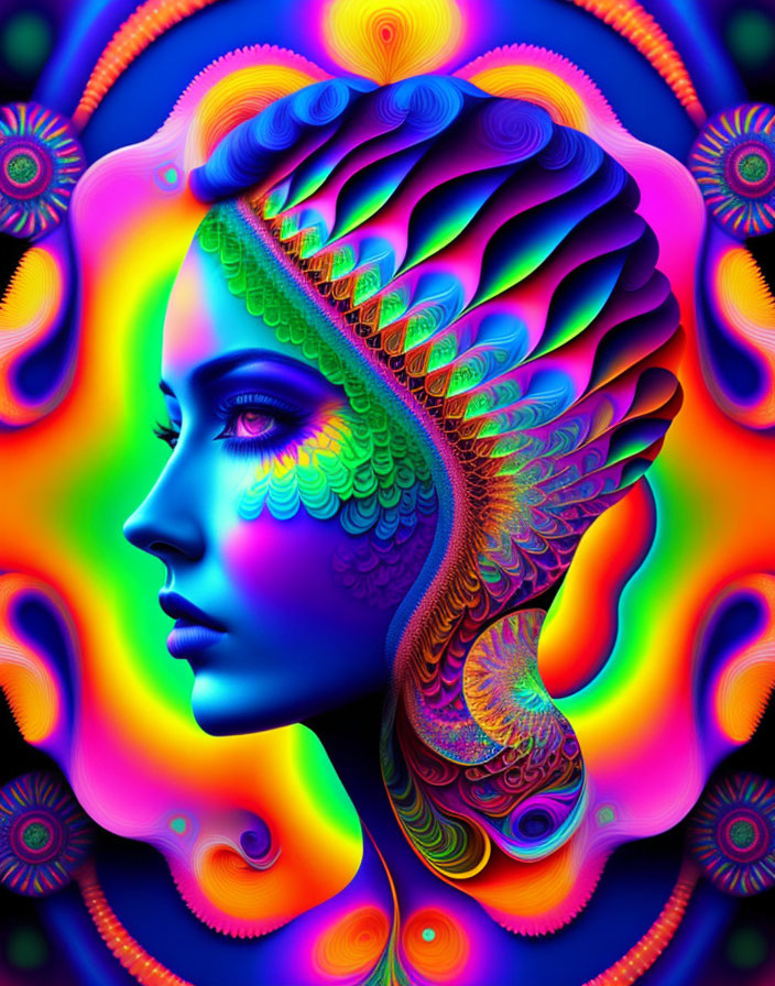 Colorful Psychedelic Woman Profile with Ornate Patterns in Blue and Multicolored Hues