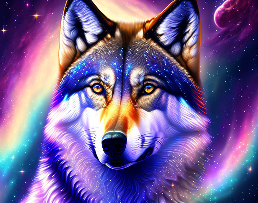 Colorful Wolf Artwork with Cosmic Background in Blues and Purples