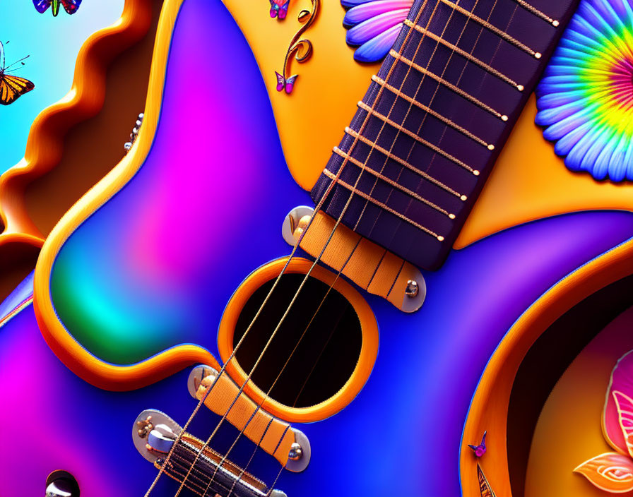 Colorful Psychedelic Guitar Illustration with Flowers and Butterflies