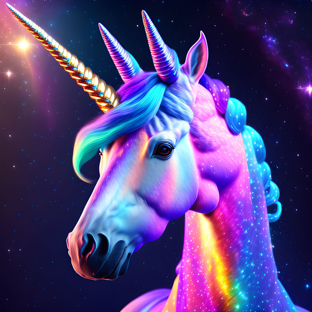 Colorful Unicorn Artwork with Golden Horn and Cosmic Background