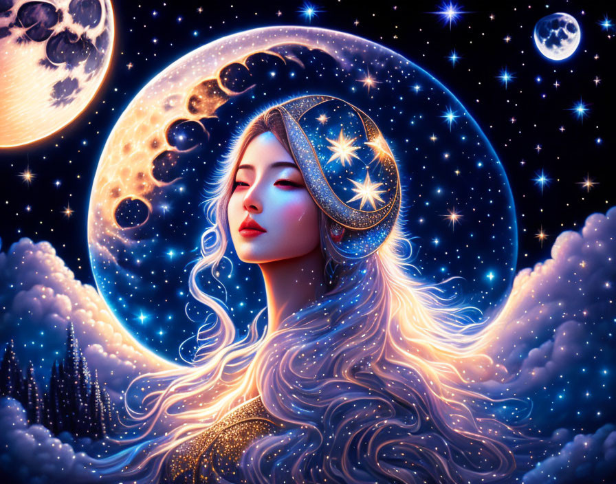 Fantasy illustration of woman with celestial headdress under starry sky